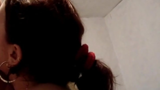 Amateur and chubby brunette teen is doing amazing blowjob indoors